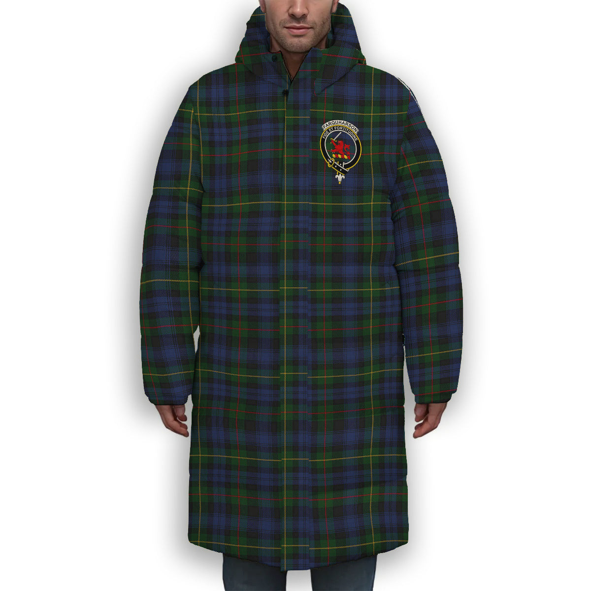 ScotsTee Shop Scottish Farquharson Vestiarium Scoticum Crest Tartan Long Down Jacket Winter White Duck Down Plaid