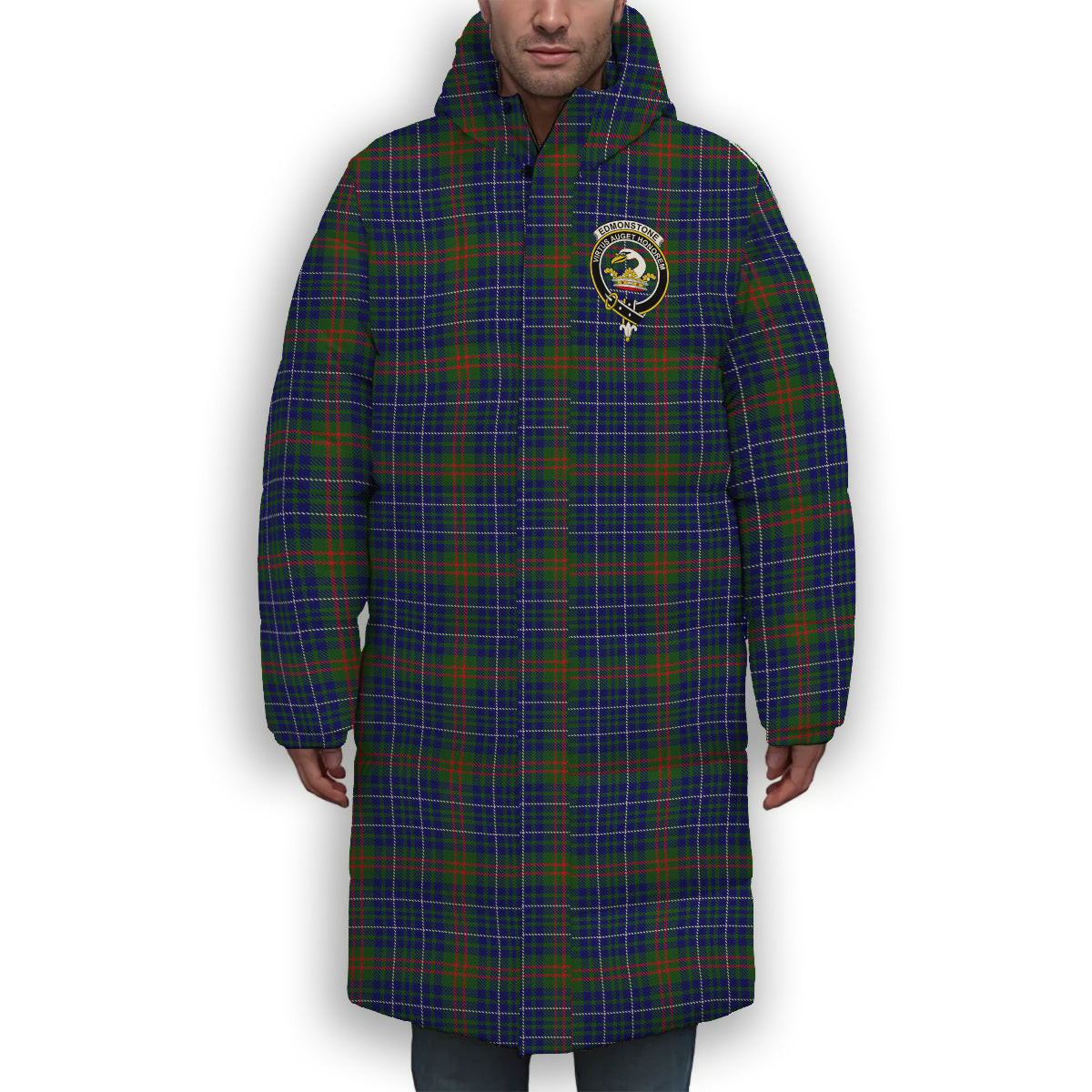 ScotsTee Shop Scottish Edmonstone of Duntreath Crest Tartan Long Down Jacket Winter White Duck Down Plaid