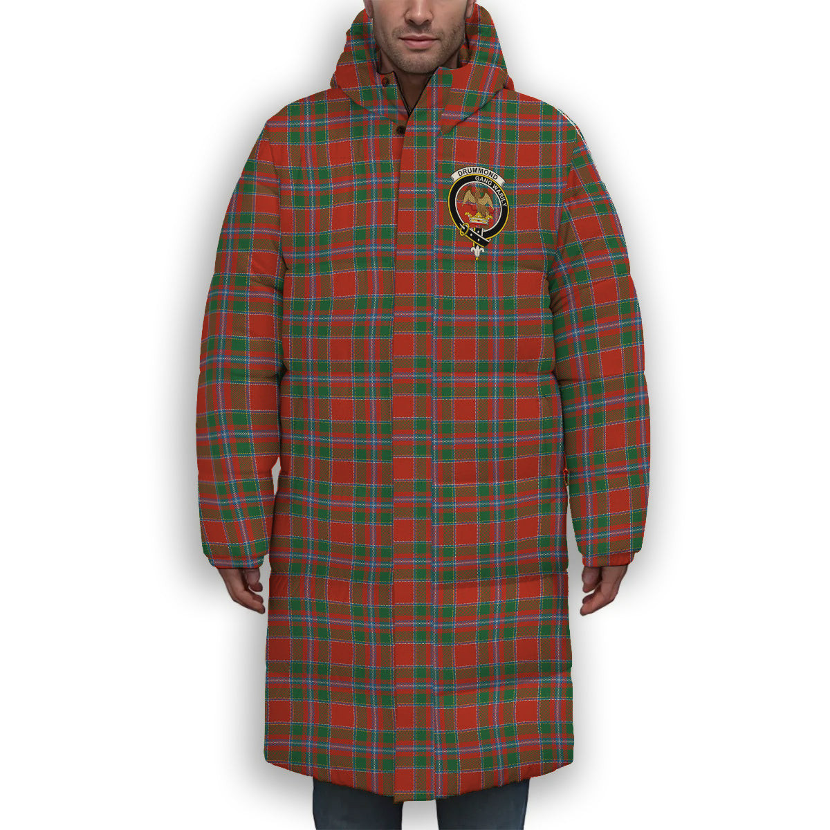 ScotsTee Shop Scottish Drummond of Perth Ancient Crest Tartan Long Down Jacket Winter White Duck Down Plaid
