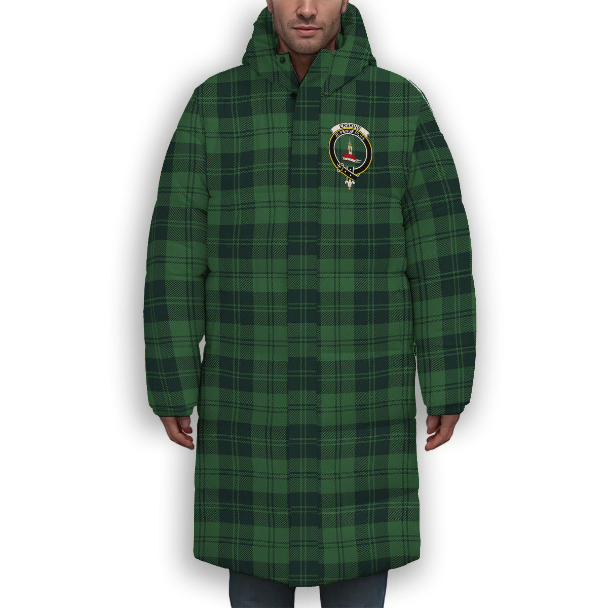 ScotsTee Shop Scottish Erskine Hunting Modern Crest Tartan Long Down Jacket Winter White Duck Down Plaid