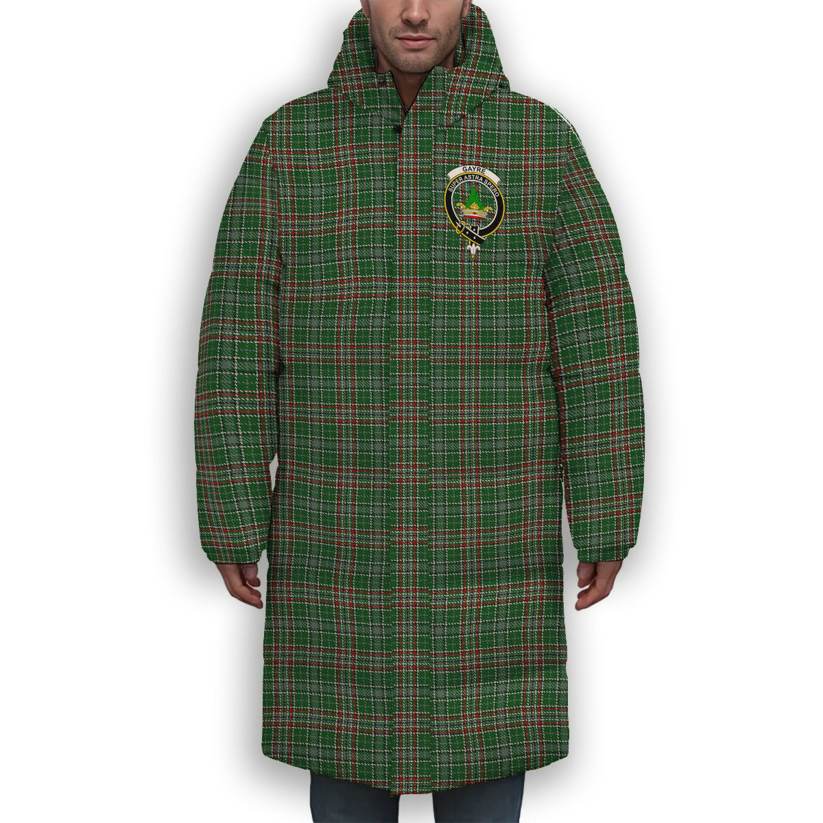 ScotsTee Shop Scottish Gayre Dress Crest Tartan Long Down Jacket Winter White Duck Down Plaid