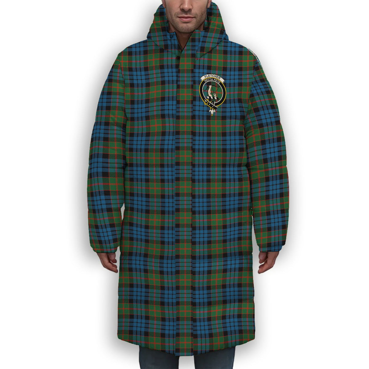 ScotsTee Shop Scottish Fletcher of Dunans Ancient Crest Tartan Long Down Jacket Winter White Duck Down Plaid
