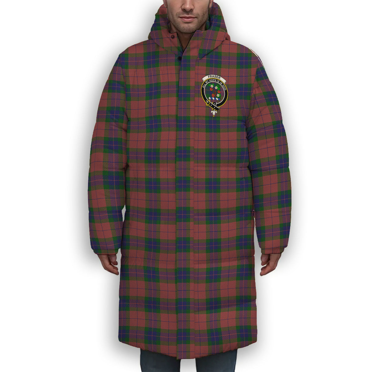 ScotsTee Shop Scottish Fraser of Boblainy Hugh Crest Tartan Long Down Jacket Winter White Duck Down Plaid