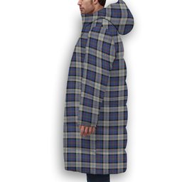 ScotsTee Shop Scottish Gillies Dress Blue Crest Tartan Long Down Jacket Winter White Duck Down Plaid