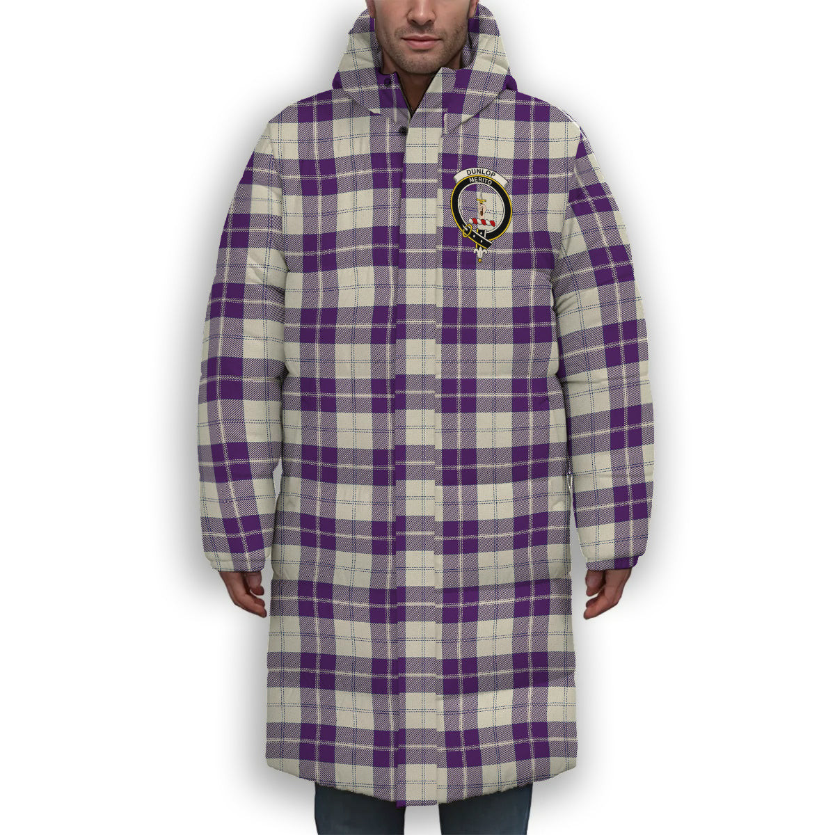 ScotsTee Shop Scottish Dunlop Dress Modern Crest Tartan Long Down Jacket Winter White Duck Down Plaid
