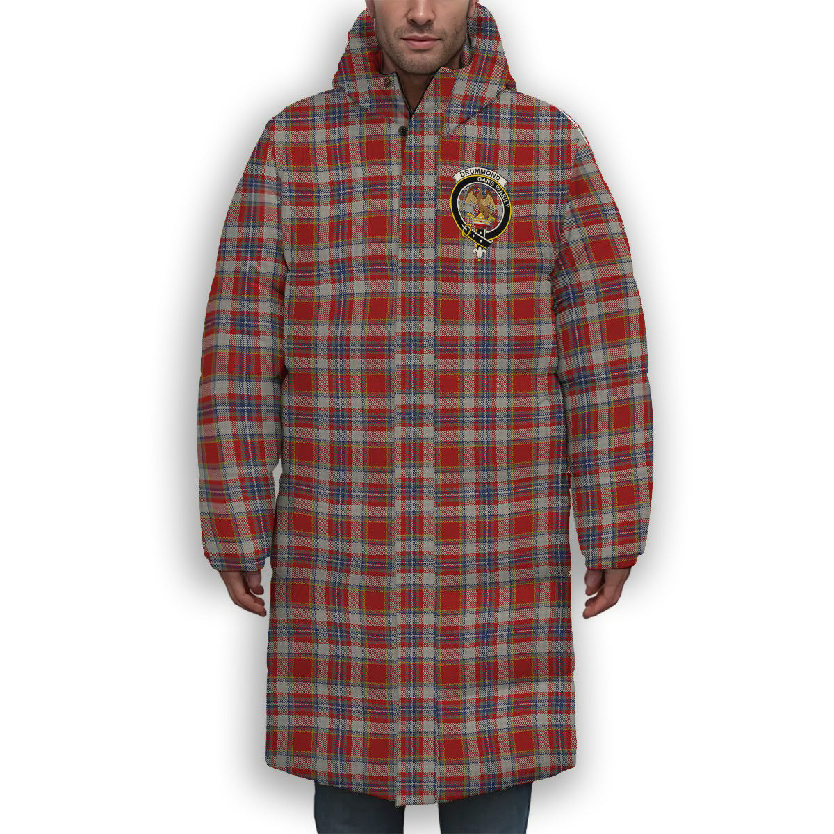 ScotsTee Shop Scottish Drummond of Perth Dress 2 Crest Tartan Long Down Jacket Winter White Duck Down Plaid
