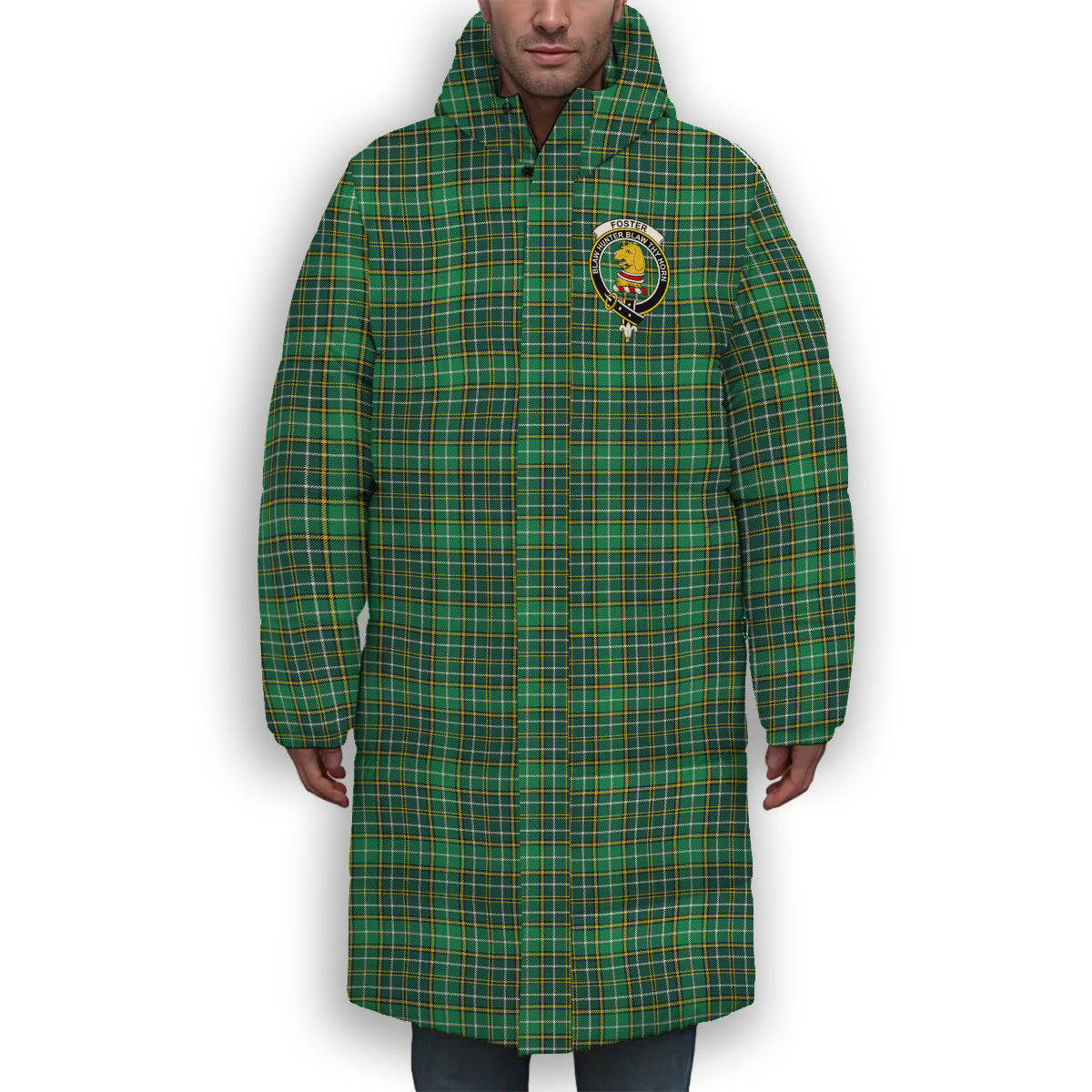 ScotsTee Shop Scottish Foster Hunting Modern Crest Tartan Long Down Jacket Winter White Duck Down Plaid