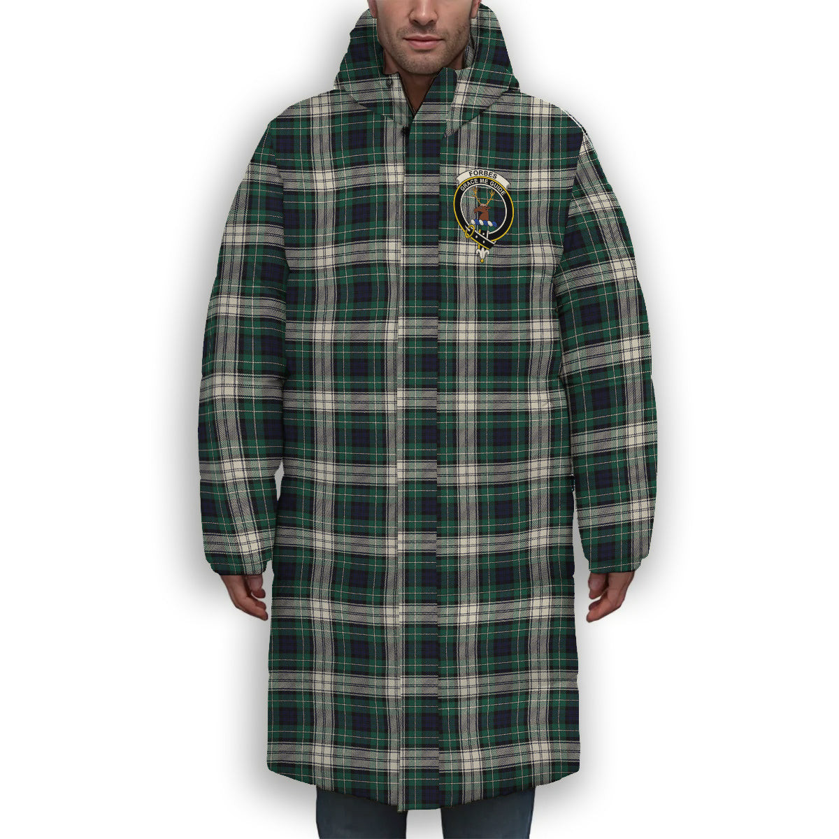 ScotsTee Shop Scottish Forbes Dress Modern Crest Tartan Long Down Jacket Winter White Duck Down Plaid
