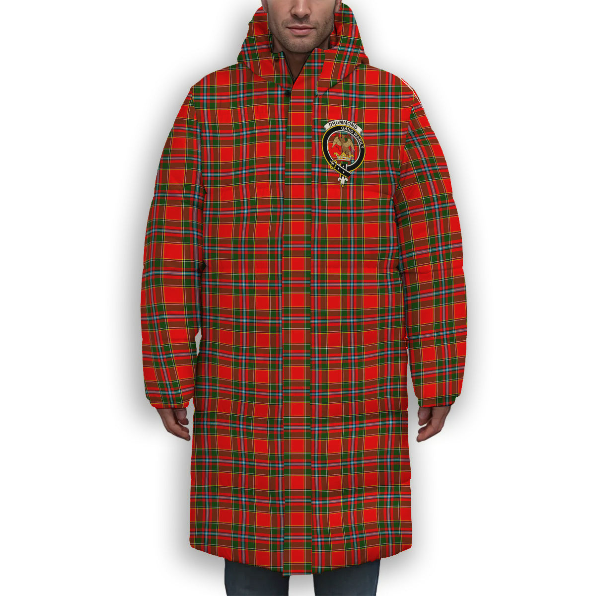 ScotsTee Shop Scottish Drummond of Perth Crest Tartan Long Down Jacket Winter White Duck Down Plaid