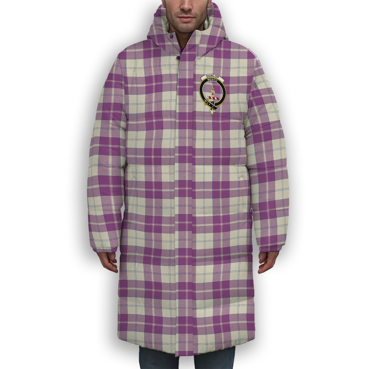 ScotsTee Shop Scottish Dunlop Dress Ancient Crest Tartan Long Down Jacket Winter White Duck Down Plaid