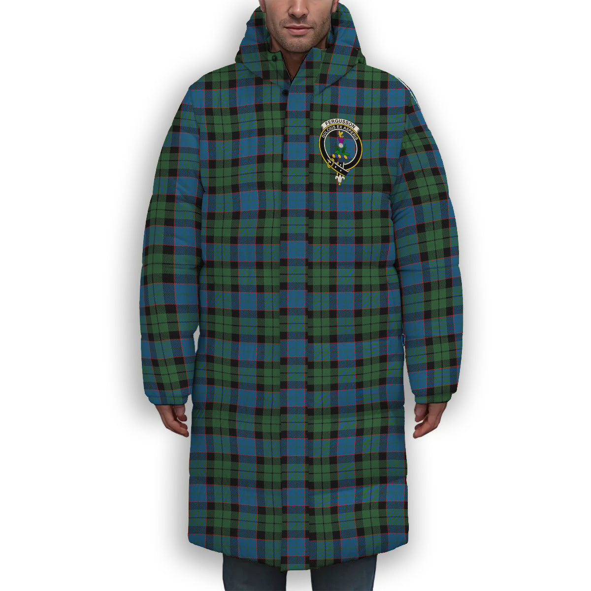 ScotsTee Shop Scottish Ferguson of Balquhidder Ancient Crest Tartan Long Down Jacket Winter White Duck Down Plaid