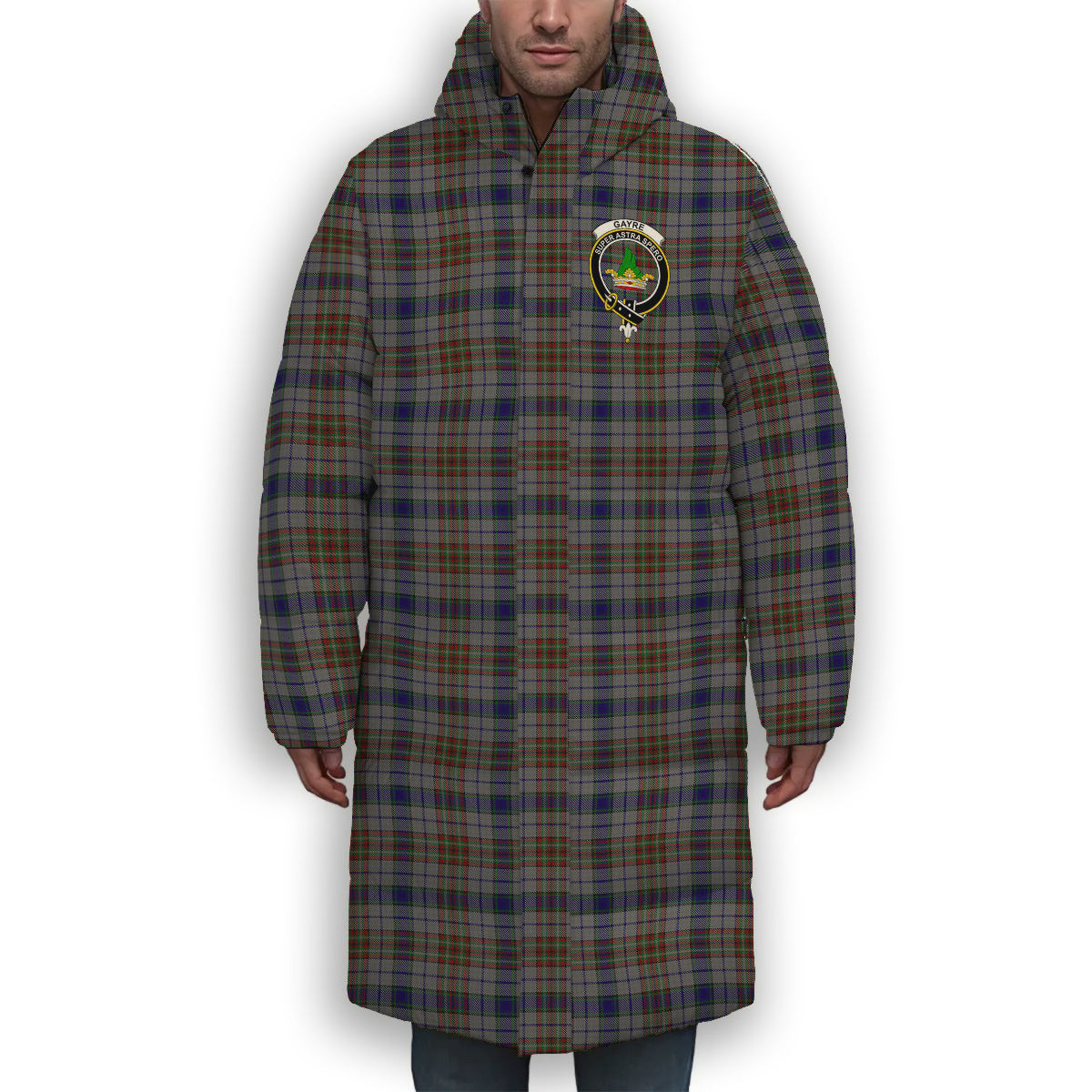 ScotsTee Shop Scottish Gayre Hunting Crest Tartan Long Down Jacket Winter White Duck Down Plaid