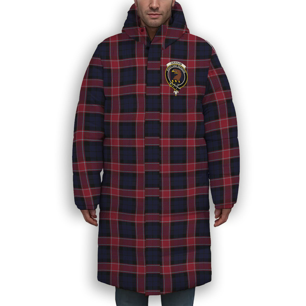 ScotsTee Shop Scottish Graham of Menteith Red Modern Crest Tartan Long Down Jacket Winter White Duck Down Plaid