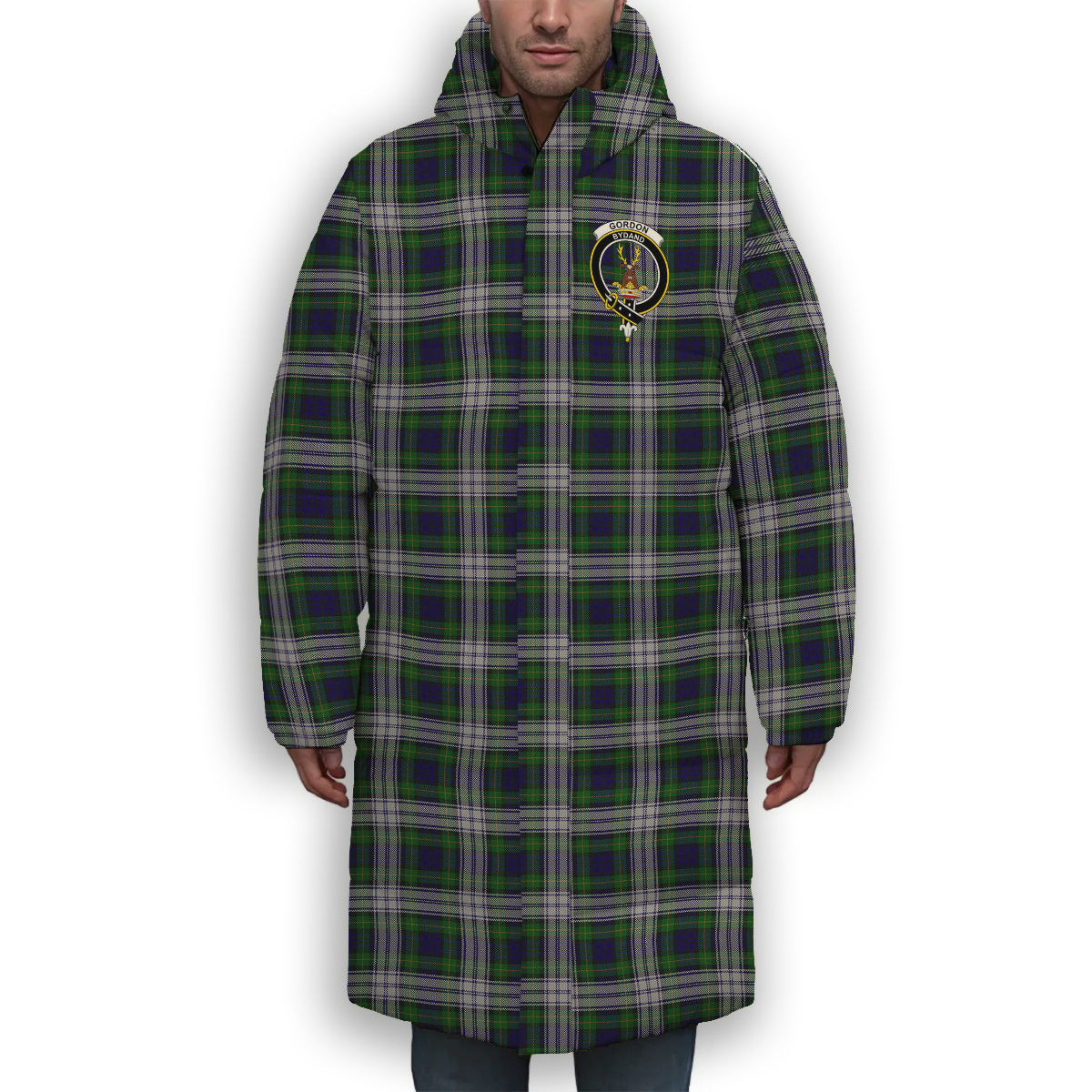 ScotsTee Shop Scottish Gordon Dress 1965 Crest Tartan Long Down Jacket Winter White Duck Down Plaid