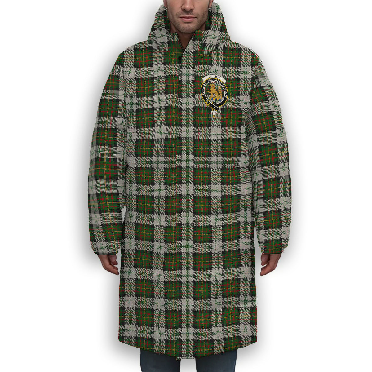 ScotsTee Shop Scottish Gillies Dress Green Crest Tartan Long Down Jacket Winter White Duck Down Plaid