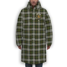 ScotsTee Shop Scottish Gillies Dress Green Crest Tartan Long Down Jacket Winter White Duck Down Plaid