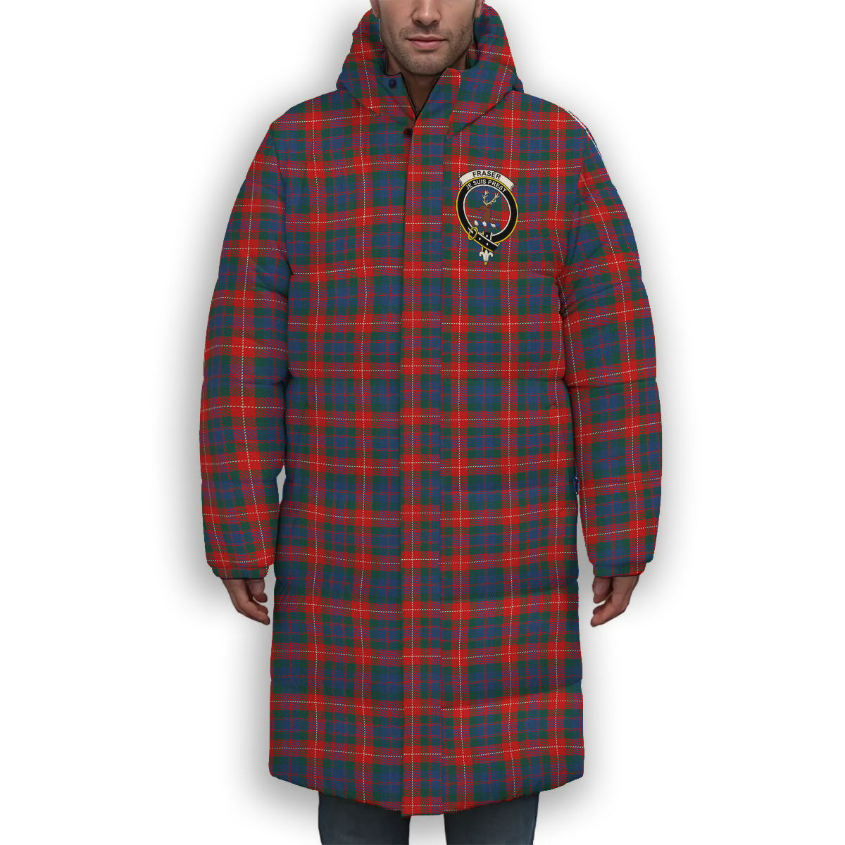 ScotsTee Shop Scottish Fraser of Lovat Modern Crest Tartan Long Down Jacket Winter White Duck Down Plaid