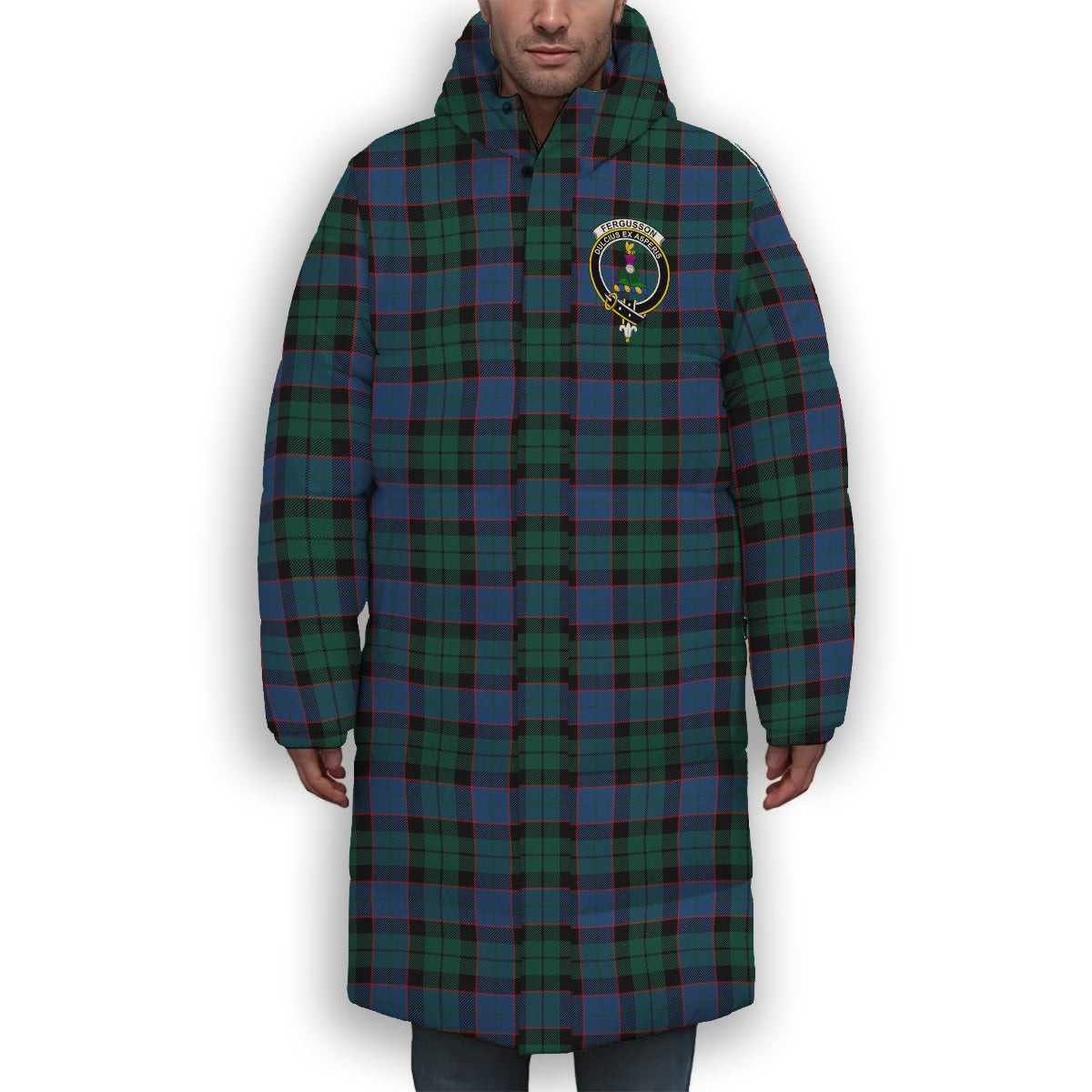 ScotsTee Shop Scottish Ferguson of Balquhidder Modern Crest Tartan Long Down Jacket Winter White Duck Down Plaid