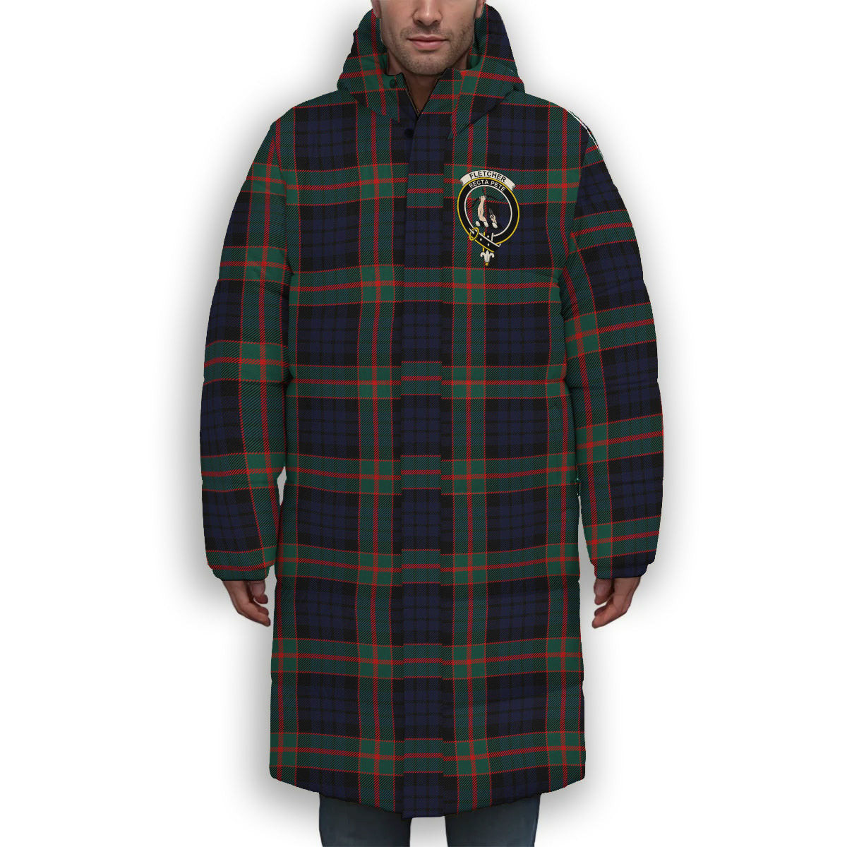 ScotsTee Shop Scottish Fletcher of Dunans Modern Crest Tartan Long Down Jacket Winter White Duck Down Plaid