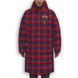 ScotsTee Shop Scottish Graham of Menteith Red Crest Tartan Long Down Jacket Winter White Duck Down Plaid