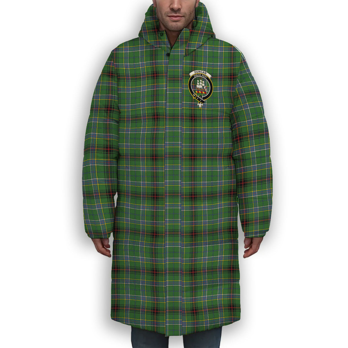 ScotsTee Shop Scottish Duncan of Sketraw Ancient Crest Tartan Long Down Jacket Winter White Duck Down Plaid