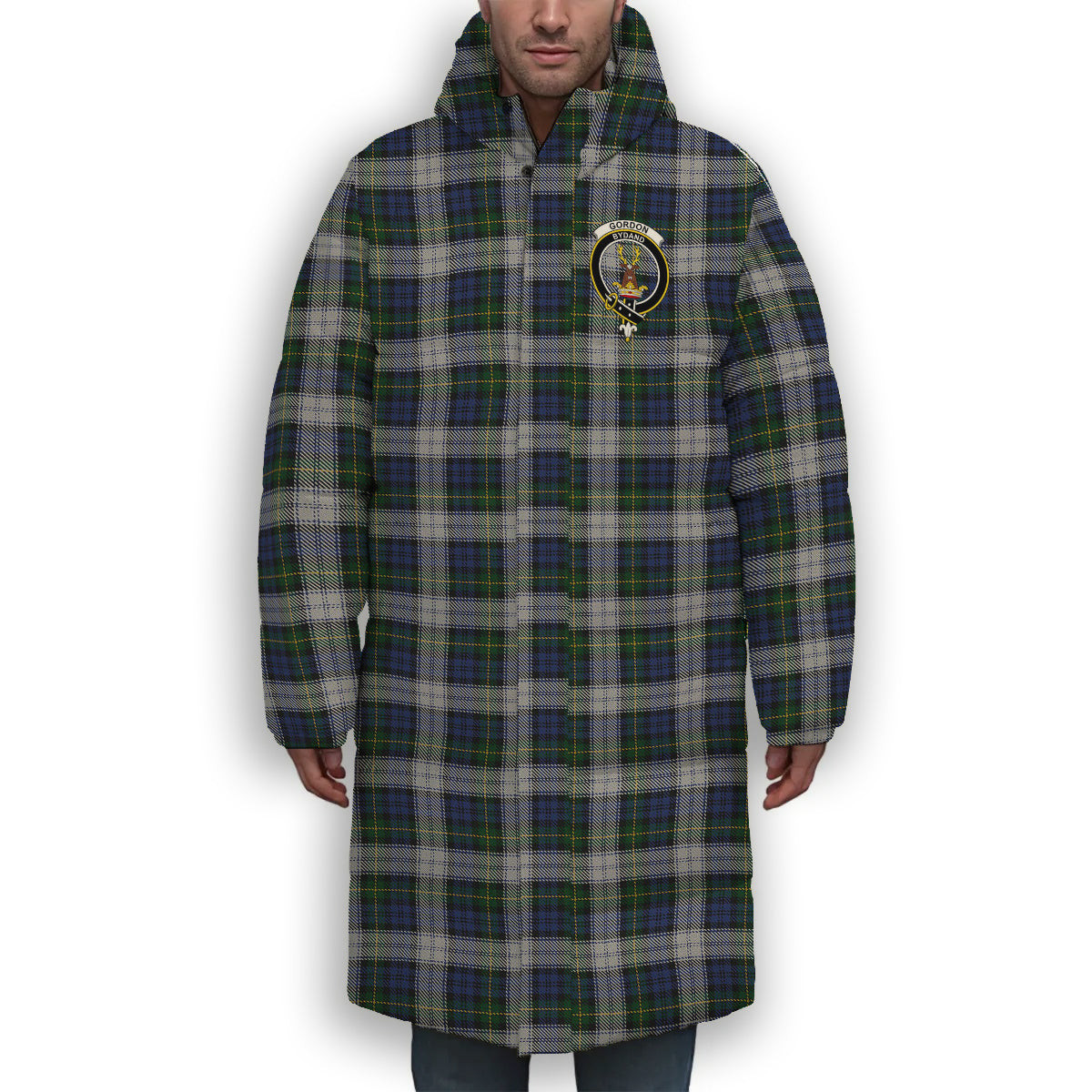 ScotsTee Shop Scottish Gordon Dress Original Crest Tartan Long Down Jacket Winter White Duck Down Plaid