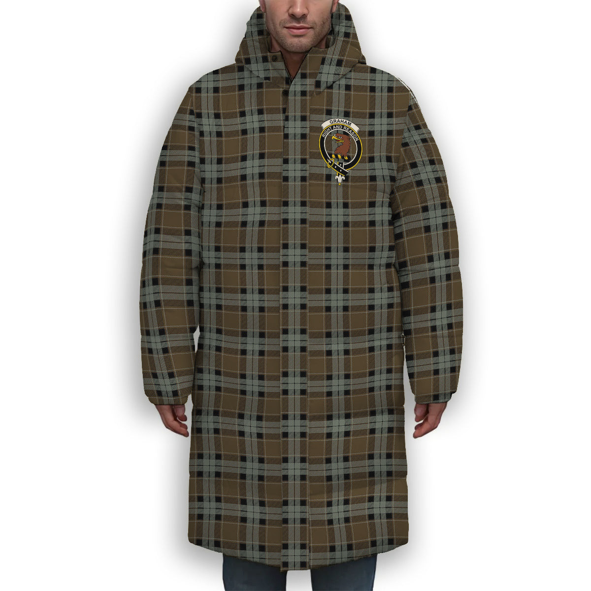 ScotsTee Shop Scottish Graham of Menteith Weathered Crest Tartan Long Down Jacket Winter White Duck Down Plaid
