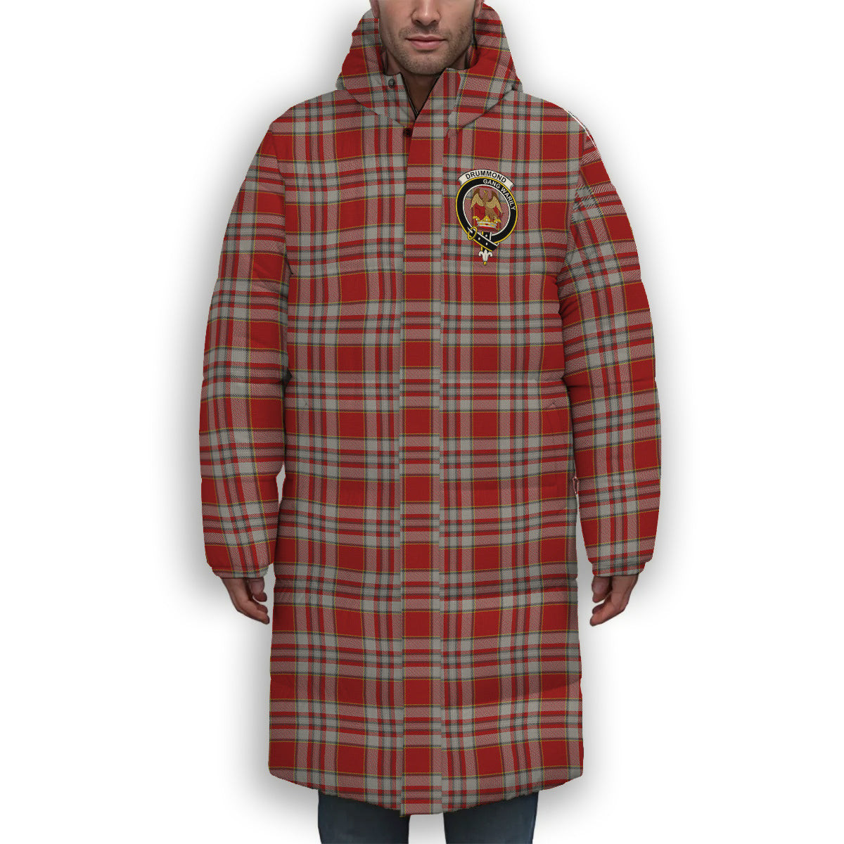 ScotsTee Shop Scottish Drummond of Perth Dress 3 Crest Tartan Long Down Jacket Winter White Duck Down Plaid