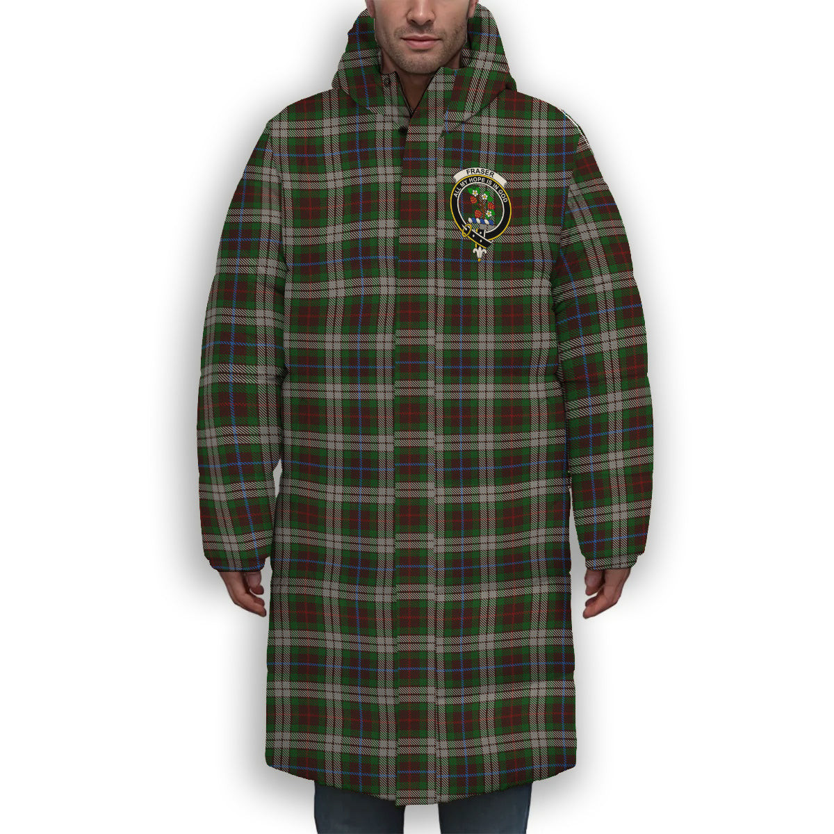 ScotsTee Shop Scottish Fraser Hunting Dress Crest Tartan Long Down Jacket Winter White Duck Down Plaid