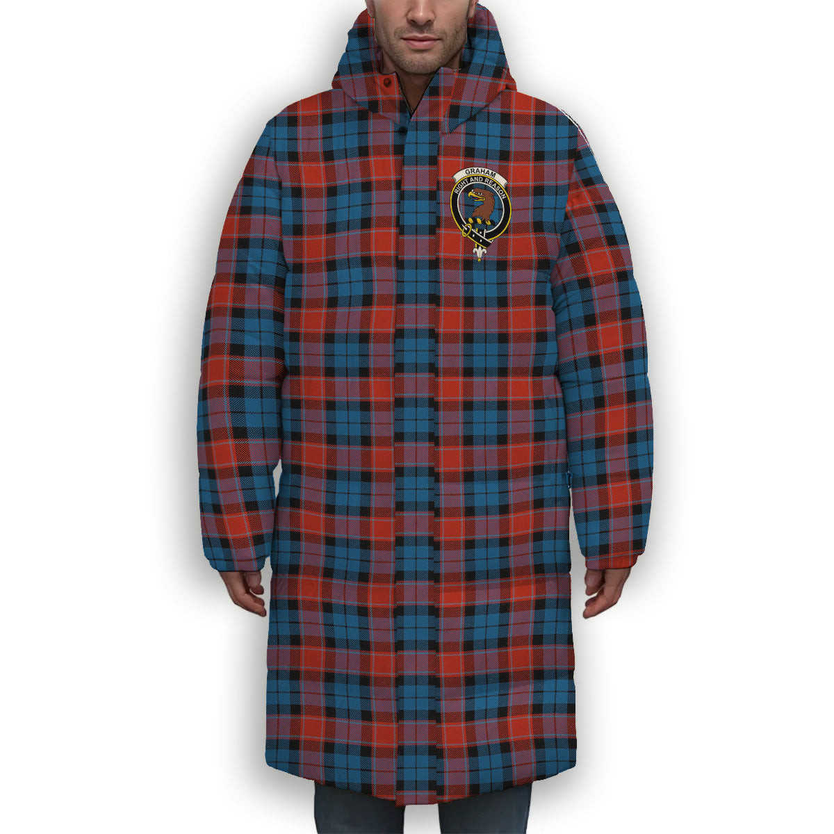 ScotsTee Shop Scottish Graham of Menteith Red Ancient Crest Tartan Long Down Jacket Winter White Duck Down Plaid