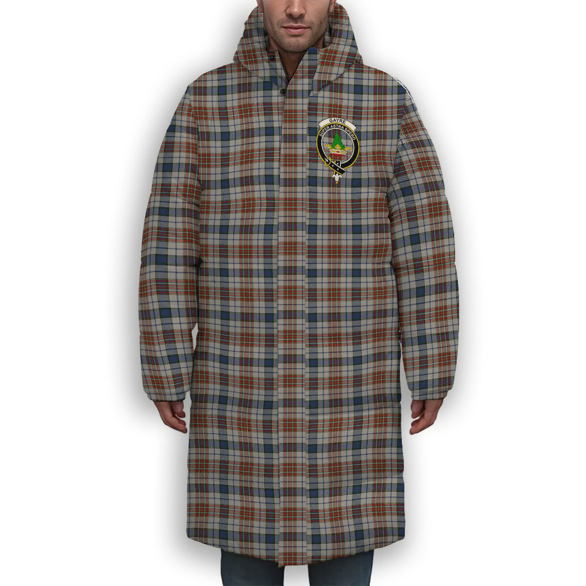 ScotsTee Shop Scottish Gayre Arisaidh Crest Tartan Long Down Jacket Winter White Duck Down Plaid