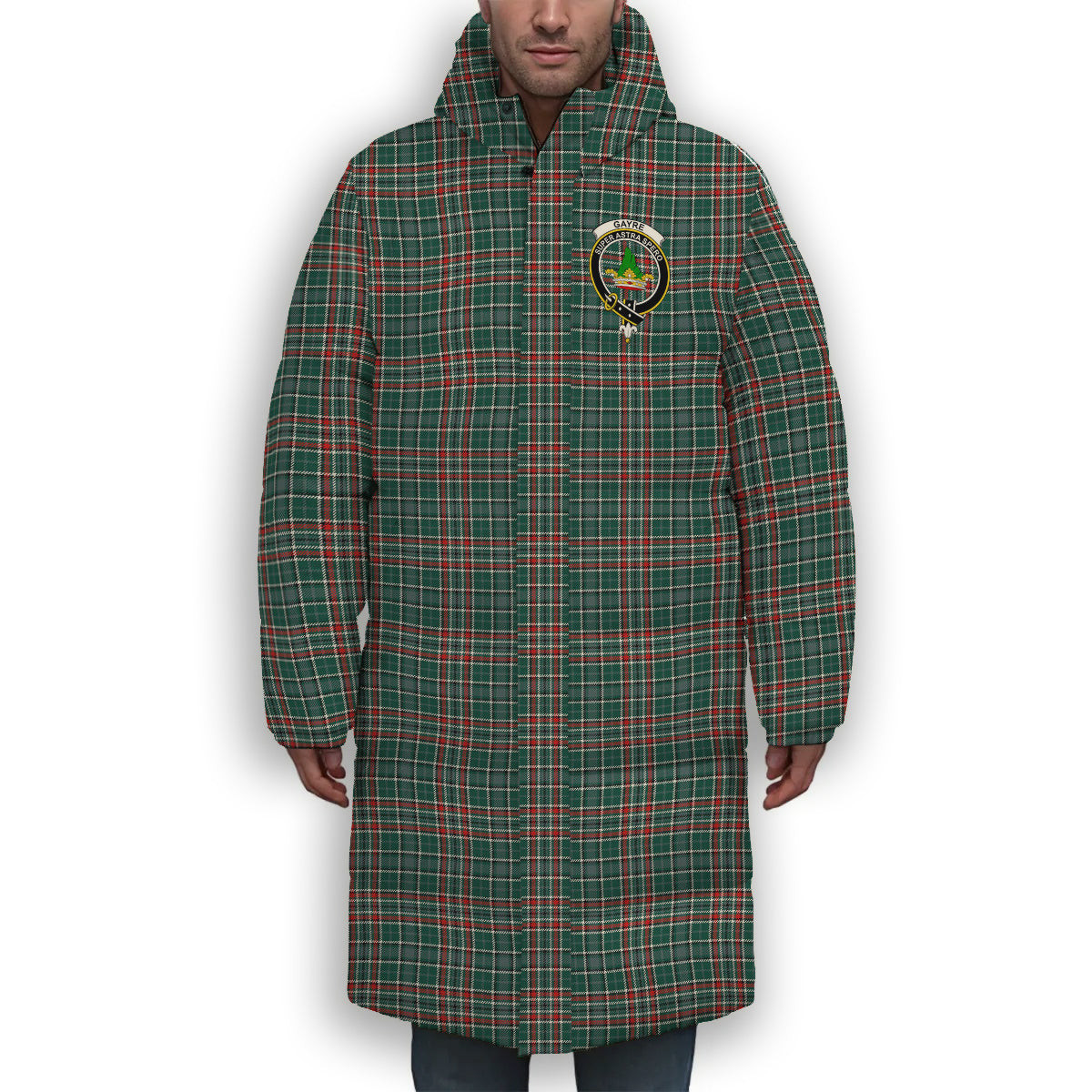 ScotsTee Shop Scottish Gayre Dress Modern Crest Tartan Long Down Jacket Winter White Duck Down Plaid