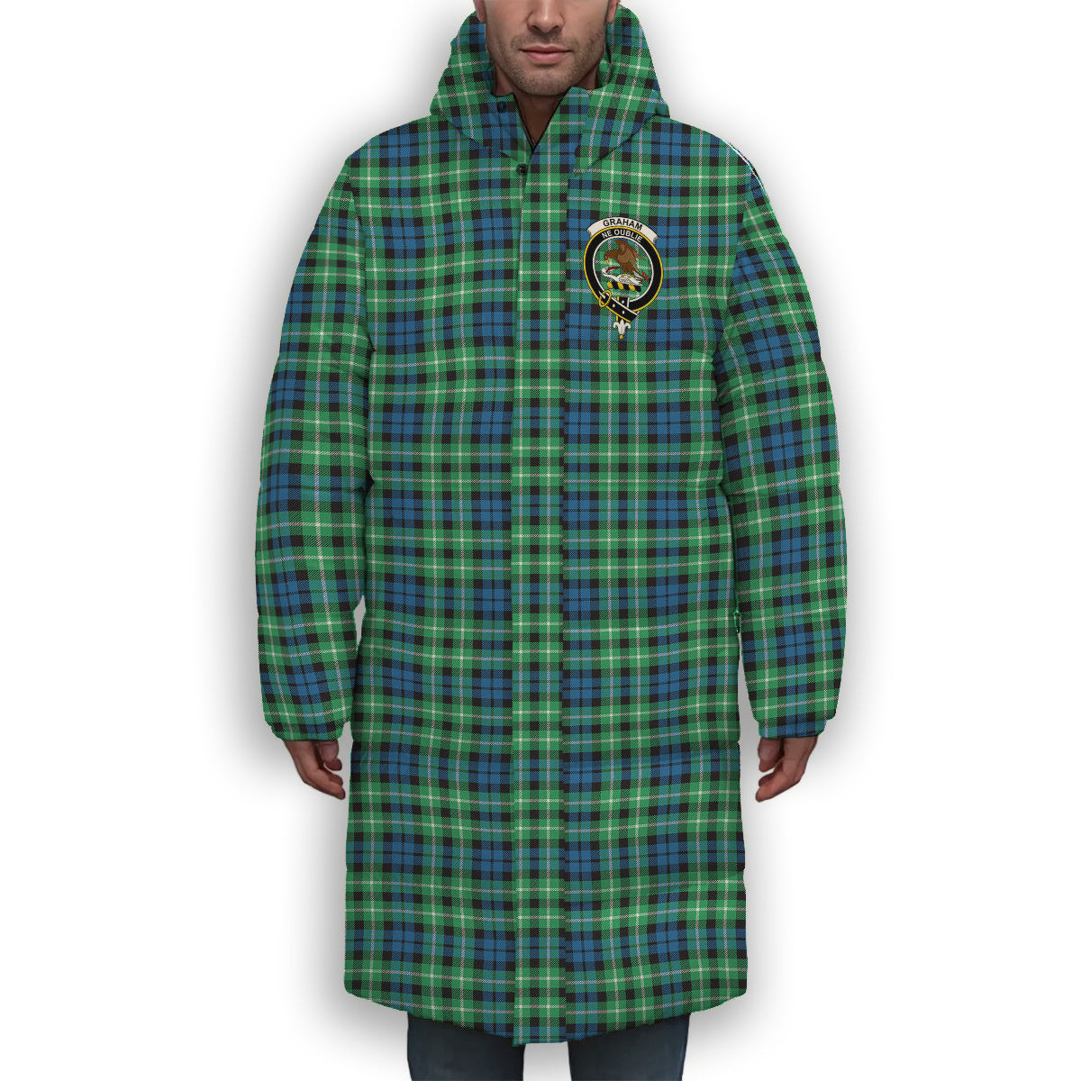 ScotsTee Shop Scottish Graham of Montrose Ancient Crest Tartan Long Down Jacket Winter White Duck Down Plaid