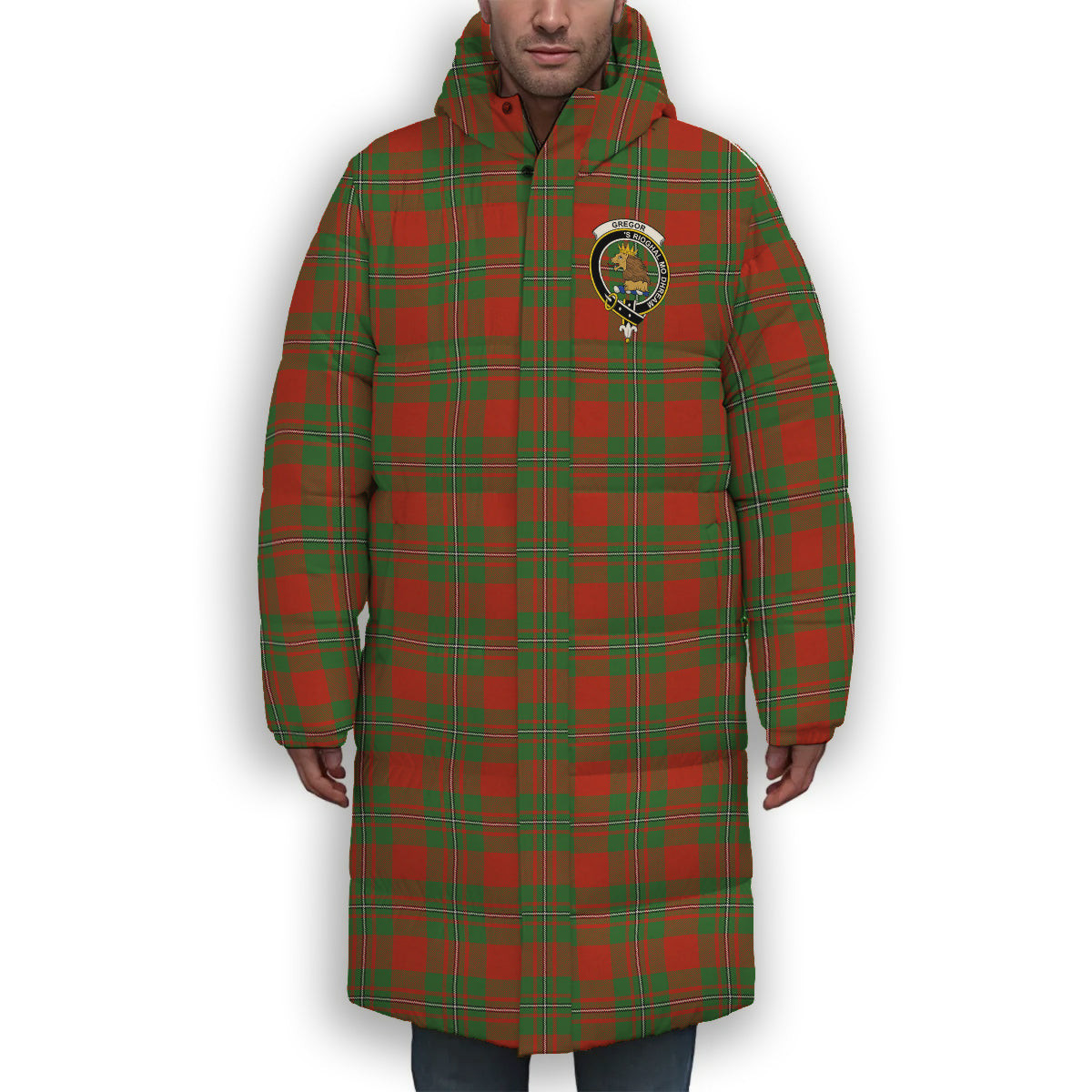 ScotsTee Shop Scottish Gregor of Cardney Ancient Crest Tartan Long Down Jacket Winter White Duck Down Plaid
