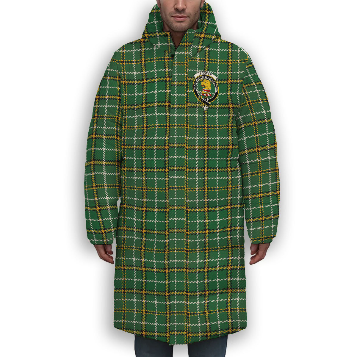 ScotsTee Shop Scottish Foster Hunting Ancient Crest Tartan Long Down Jacket Winter White Duck Down Plaid