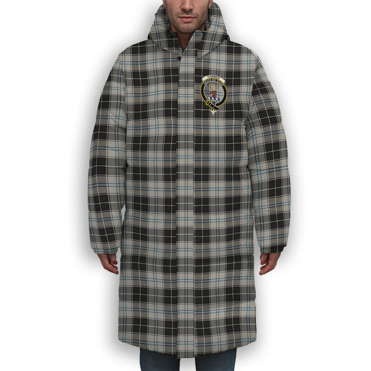 ScotsTee Shop Scottish Forbes Dress Originaux Crest Tartan Long Down Jacket Winter White Duck Down Plaid