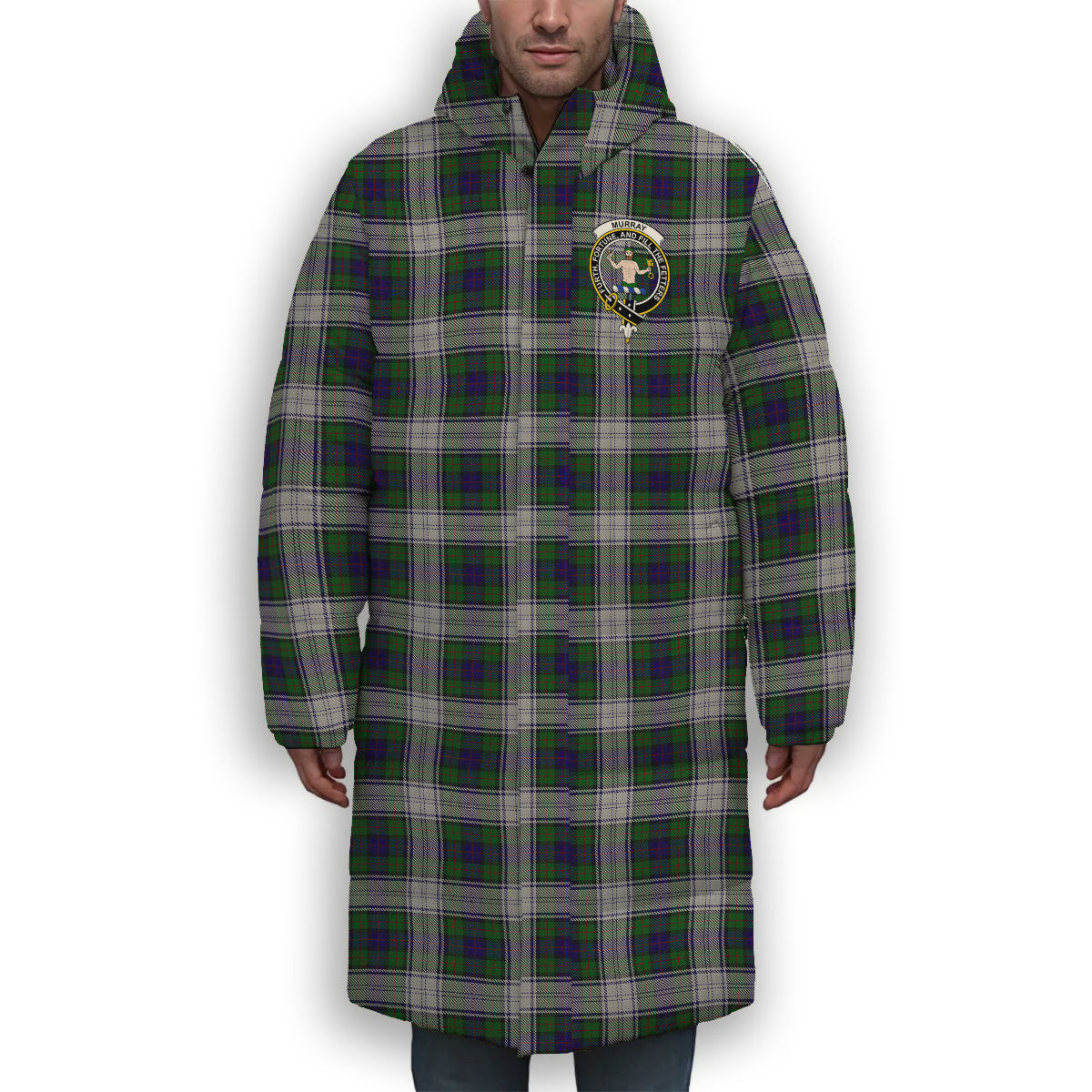 ScotsTee Shop Scottish Murray of Atholl Dress Crest Tartan Long Down Jacket Winter White Duck Down Plaid