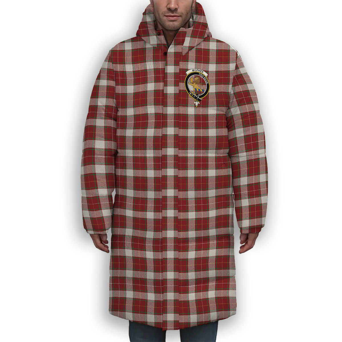 ScotsTee Shop Scottish McPhee Dress Ancient Crest Tartan Long Down Jacket Winter White Duck Down Plaid