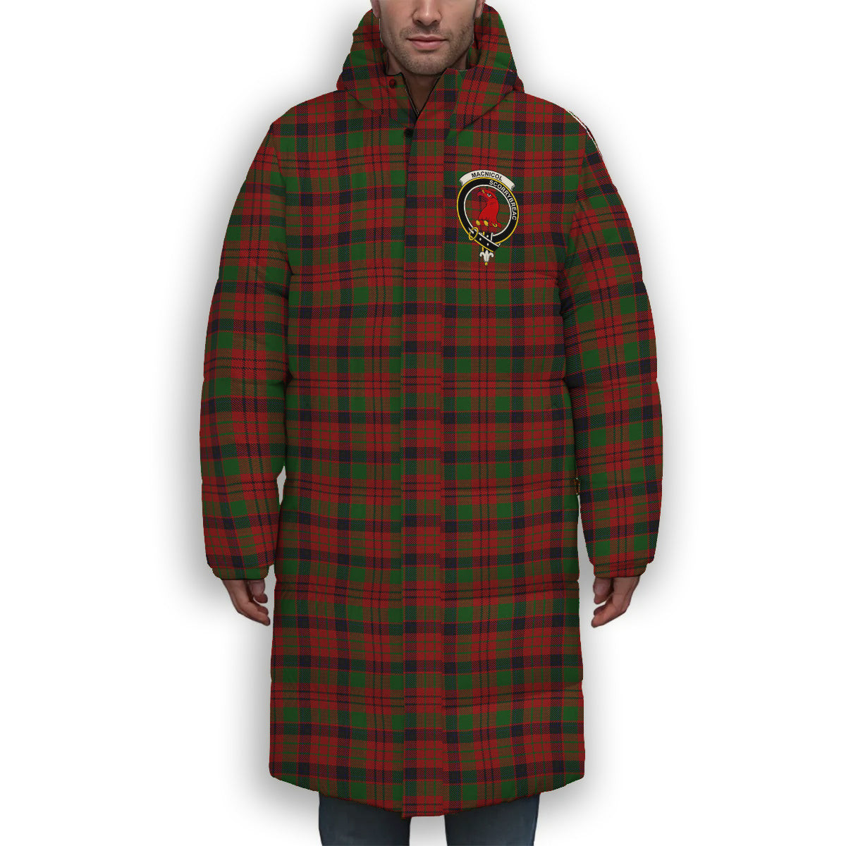 ScotsTee Shop Scottish MacNicol Inverness Tweed Mill Co Ltd Crest Tartan Long Down Jacket Winter White Duck Down Plaid