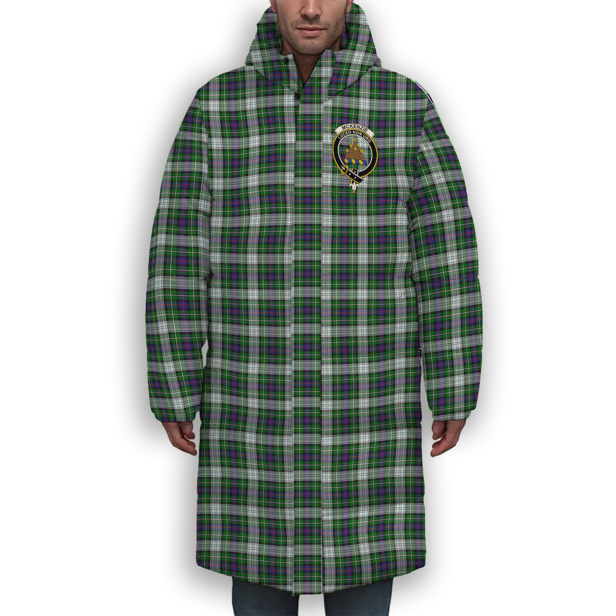 ScotsTee Shop Scottish McKenzie Dress Modern Crest Tartan Long Down Jacket Winter White Duck Down Plaid