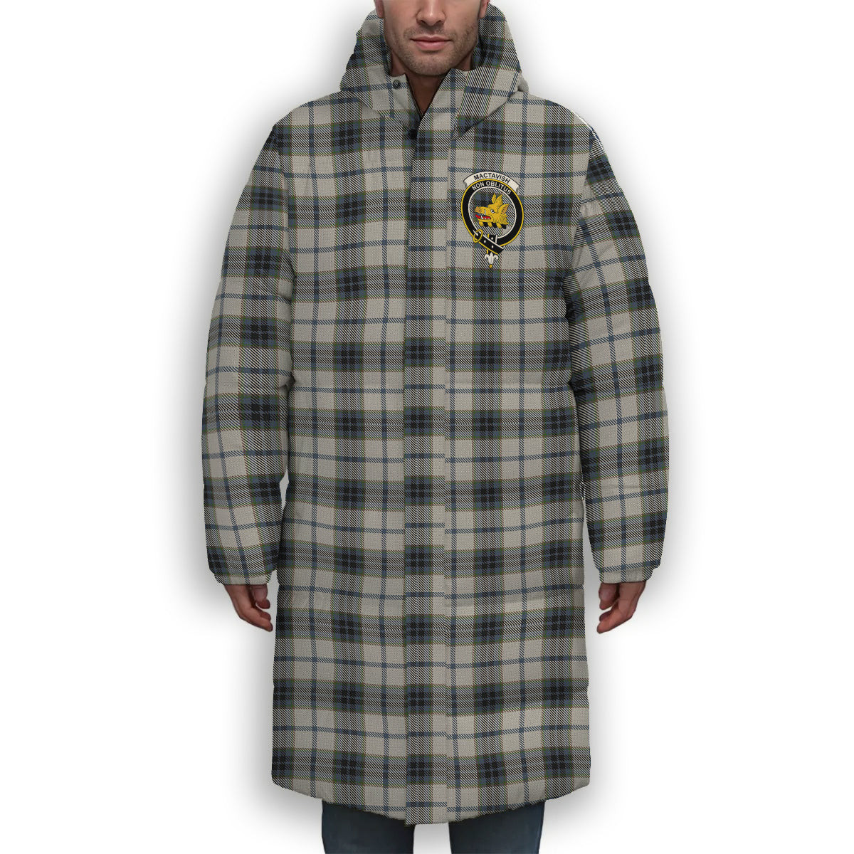 ScotsTee Shop Scottish MacTavish of Dunardry Dress Crest Tartan Long Down Jacket Winter White Duck Down Plaid