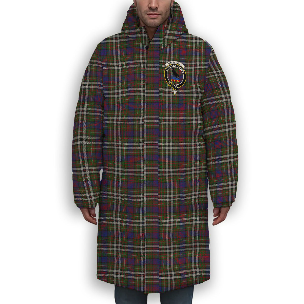 ScotsTee Shop Scottish MacDonell of Glengarry Dress Crest Tartan Long Down Jacket Winter White Duck Down Plaid
