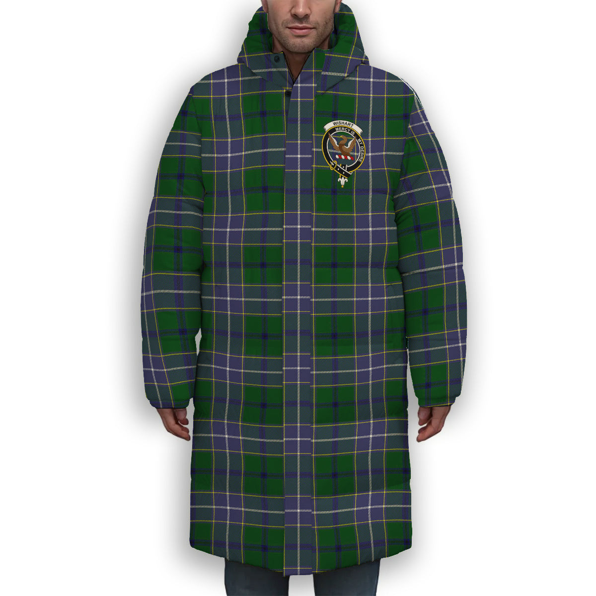 ScotsTee Shop Scottish Wishart Hunting Modern Crest Tartan Long Down Jacket Winter White Duck Down Plaid