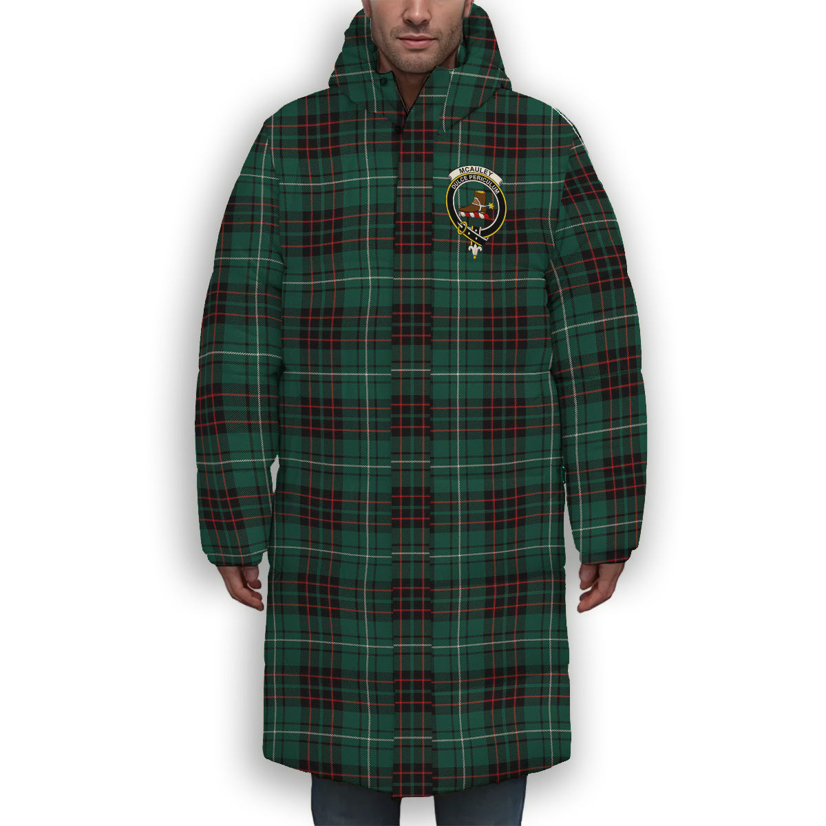 ScotsTee Shop Scottish McAuley of Lewis Modern Crest Tartan Long Down Jacket Winter White Duck Down Plaid