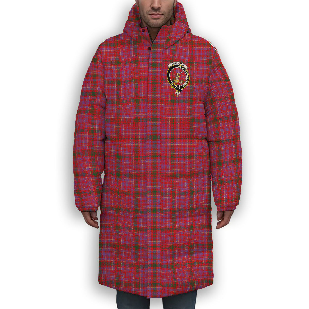 ScotsTee Shop Scottish Lumsden of Clova Modern Crest Tartan Long Down Jacket Winter White Duck Down Plaid