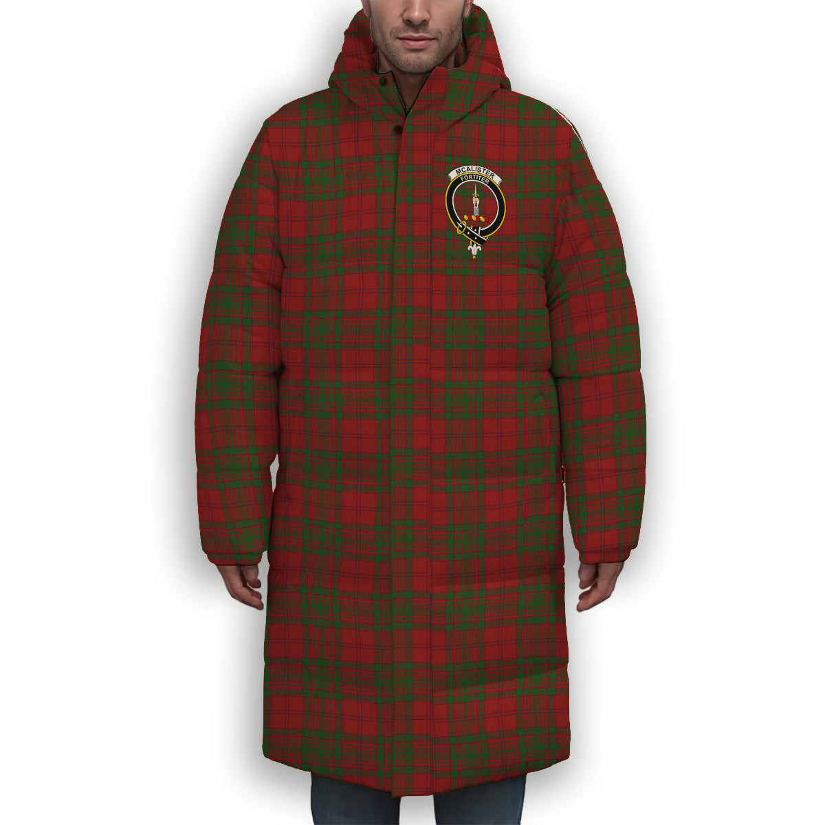 ScotsTee Shop Scottish McAlister of Glenbarr Crest Tartan Long Down Jacket Winter White Duck Down Plaid