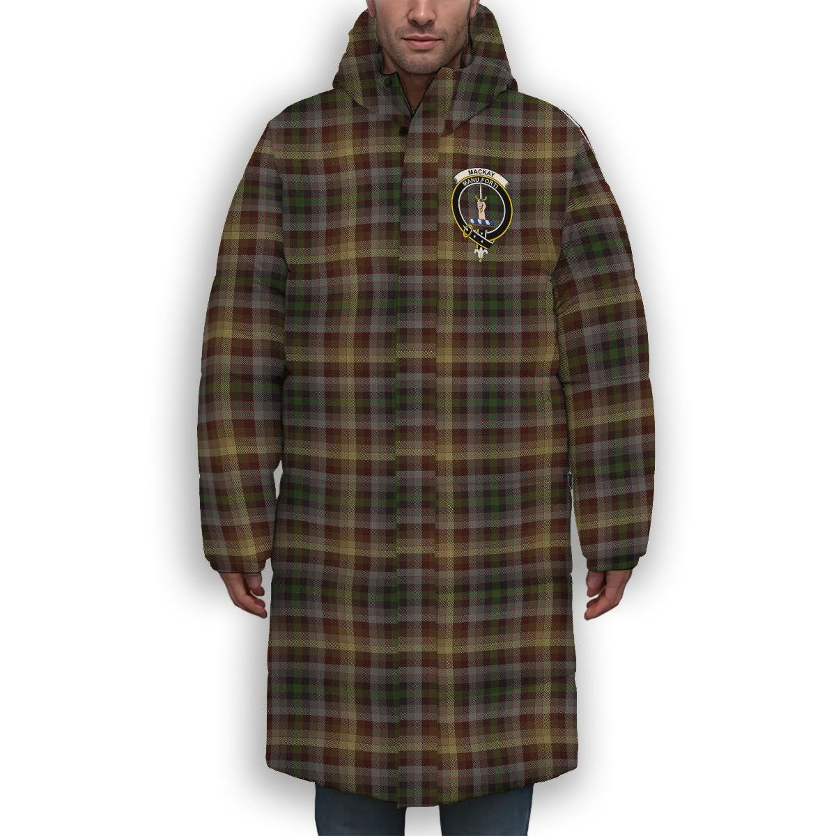 ScotsTee Shop Scottish MacKay of Strathnaver Crest Tartan Long Down Jacket Winter White Duck Down Plaid