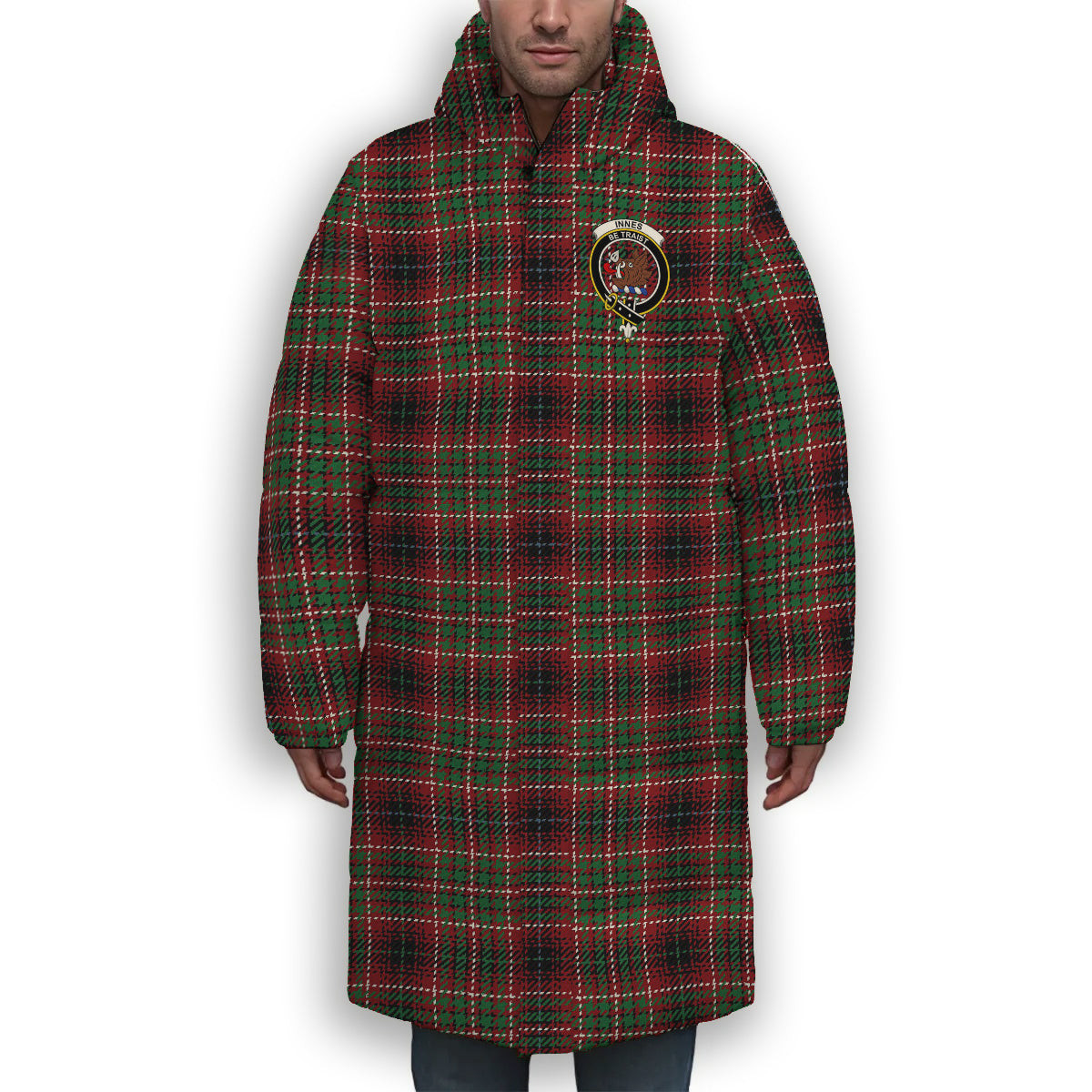 ScotsTee Shop Scottish Innes of Cowie Ancient Crest Tartan Long Down Jacket Winter White Duck Down Plaid