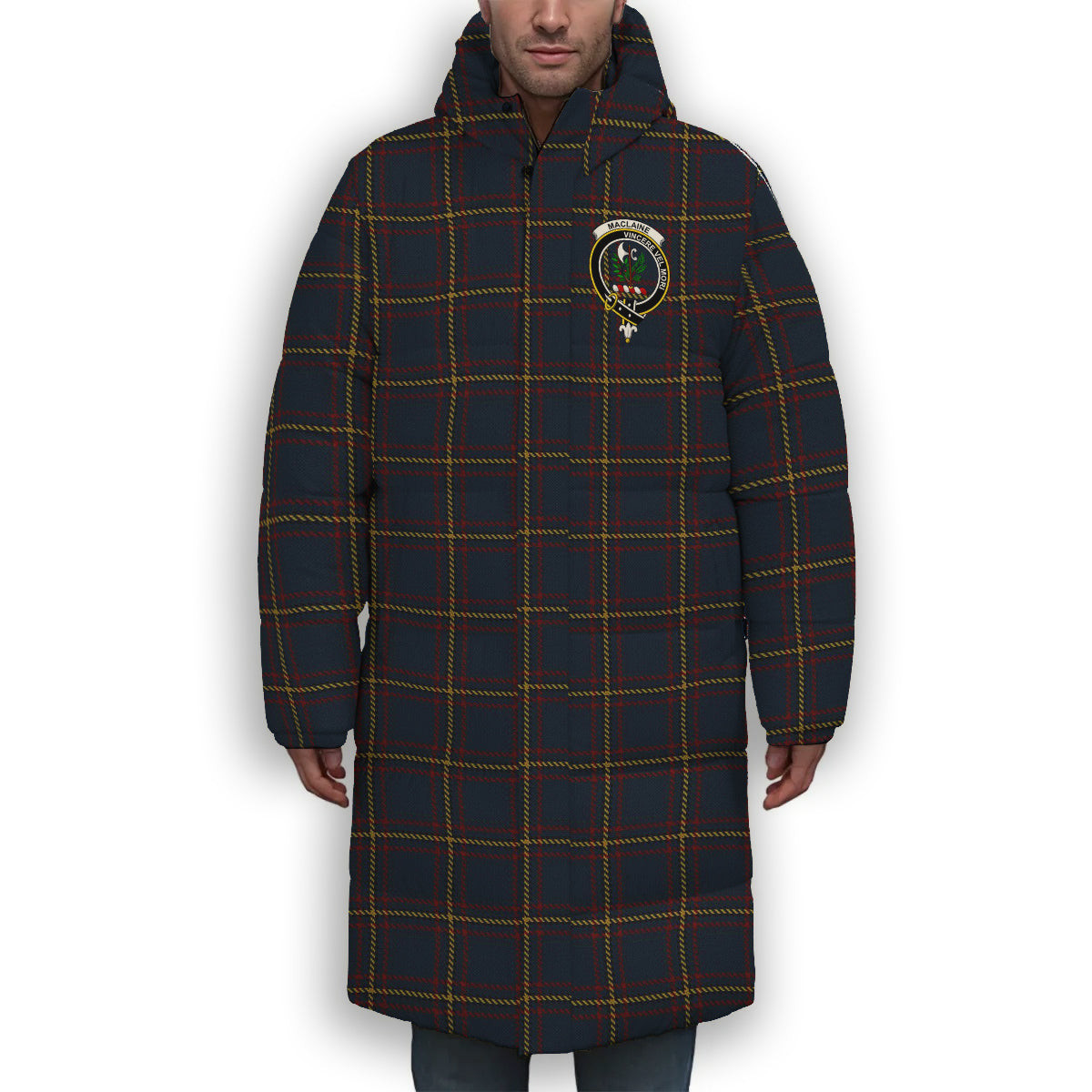ScotsTee Shop Scottish MacLaine of Lochbuie Hunting Crest Tartan Long Down Jacket Winter White Duck Down Plaid