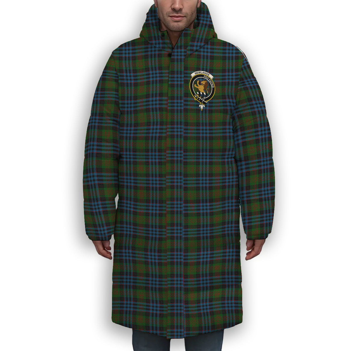 ScotsTee Shop Scottish Newlands of Lauriston Crest Tartan Long Down Jacket Winter White Duck Down Plaid